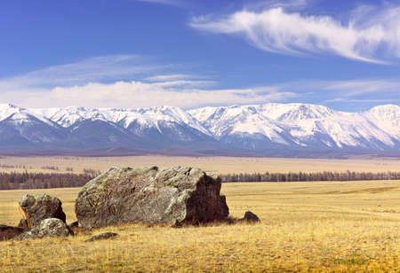 The North-Chui range in the Altai Mountains. Rocks and dry grass in the steppe in spring, snow-capped mountains in the distance under a blue sky. Pure Nature of Siberia, Russiaの写真素材