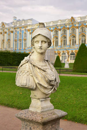 Pushkin / Saint Petersburg / Russia-09.03.2020: Bust of the War allegory. Garden sculpture in front...