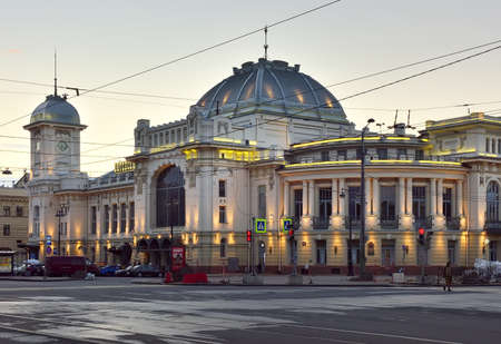 Saint Petersburg / Russia-09.05.20: Vitebsk railway station at dawn. Building with night lighting, eclectic architecture of the XIX centuryのeditorial素材
