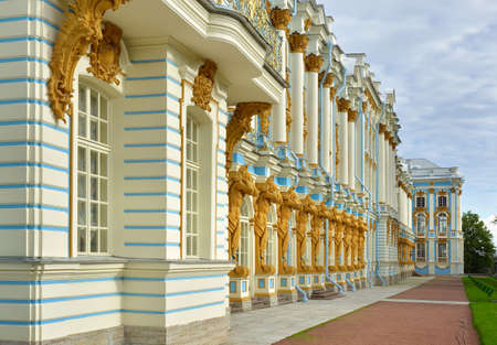 Pushkin / Saint Petersburg / Russia-09.03.2020: Fragment of the facade of the Catherine Palace. The Atlanteans hold the cornice of the colonnade. Monument of Russian Baroque architecture of the XVIII century, UNESCO siteのeditorial素材