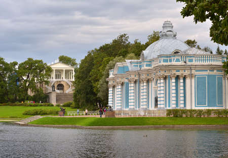 Pushkin / Saint Petersburg / Russia-09.03.2020: Grotto Pavilion. The Bank of the Big pond of the Catherine Park, Cameron's gallery in the distance. Monuments of Russian Baroque architecture of the XVIII centuryのeditorial素材