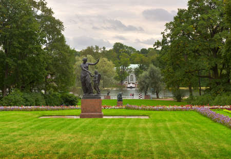 Pushkin / Saint Petersburg / Russia-09.03.2020: Green parterre of the Catherine Park. Sculpture of...