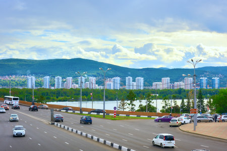 Krasnoyarsk, Siberia, Russia-09.01.2021: Panorama of the right bank of the city with the new residential area "White Roses"のeditorial素材