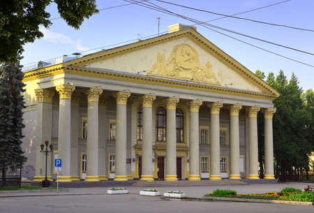Gorky House of Culture in Novosibirsk. An architectural monument of Soviet classicism, the entrance portico of the Corinthian order. Siberia, Russiaの写真素材
