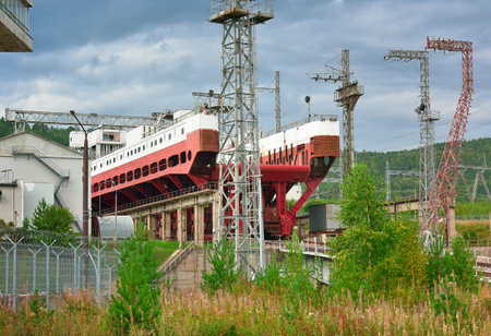 A platform on an overpass for lifting ships through the dam of the largest power plant on the Yenisei River. Divnogorsk, Siberia, Russiaの写真素材