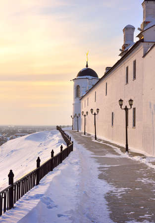Tobolsk Kremlin in winter. White stone fortress walls on a high hill. Old Russian architecture of the XVII century in the first capital of Siberia. Russia, 2021のeditorial素材