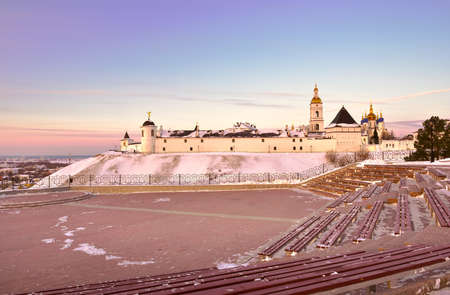 Tobolsk Kremlin in winter. Eastern fortress wall from the site in the garden of Ermak in the first capital of Siberia. Russia, 2021のeditorial素材