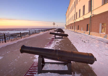 Tobolsk Kremlin in winter. Old cannons on the observation deck at the Governor's Palace in the first capital of Siberia. Russia, 2021のeditorial素材