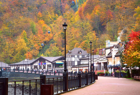 Rosa Khutor, Sochi, Russia, 11.01.2021. Olympic village in the Caucasus mountains. Embankment of the Mzymta River, "Rosa Khutor" cable car stationのeditorial素材
