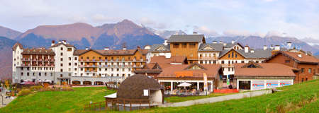 Rosa Khutor, Sochi, Russia, 11.01.2021. Olympic village in the mountains. Panorama of the mountain...