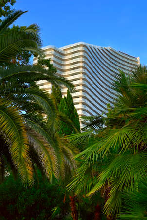 Sochi, Russia, 11.01.2021. The facade of a large hotel under a blue sky among subtropical palm treesのeditorial素材