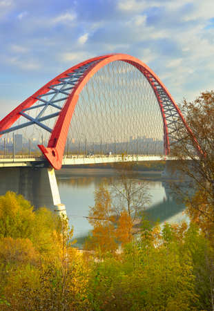 Bugrinsky Bridge on the Ob. Arched road bridge from the Bugrinskaya Grove Park. Novosibirsk, Siberia, Russia, 2021の写真素材