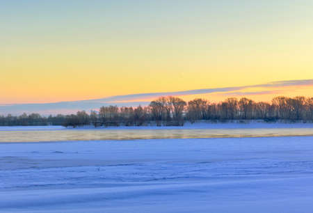 Morning on the banks of the Ob. Winter snow-covered bank of a large river, bare trees on the...