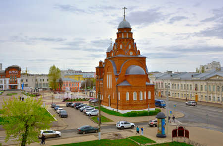 Vladimir, Russia, 05.10.2022: Theater Square in the city center. Trinity brick Church surrounded by old housesのeditorial素材