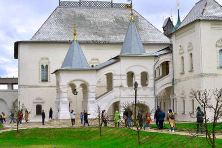 Rostov, Yaroslavl region, Russia, 04/05/2022. The white-stone Rostov Kremlin. Staircase to the Red...