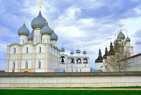The white-stone Rostov Kremlin. Assumption Cathedral, cathedral belfry. Russian architecture of the...