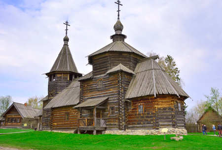 Suzdal, Russia, 05.08.2022. Wooden old Orthodox church. Church of the Transfiguration in the Historical Parkのeditorial素材