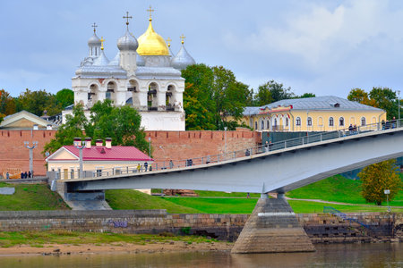 Veliky Novgorod, Russia, 09.28.2022. The old town on the banks of the Volkhov River. Belfry of the Novgorod Kremlinのeditorial素材