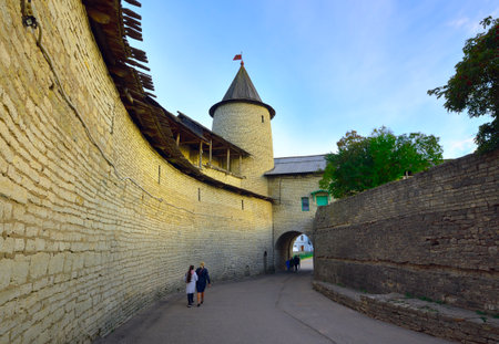 Pskov, Russia, 09.25.2022. The Old Russian Pskov Kremlin. Defensive corridor at the Trinity Tower of the fortress wallsのeditorial素材