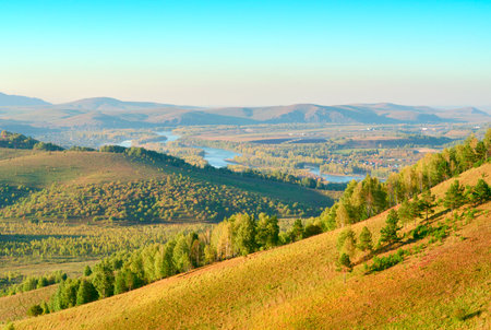 Aya Nature Park in the Altai Mountains. The valley of the Katun River from the slope of the...