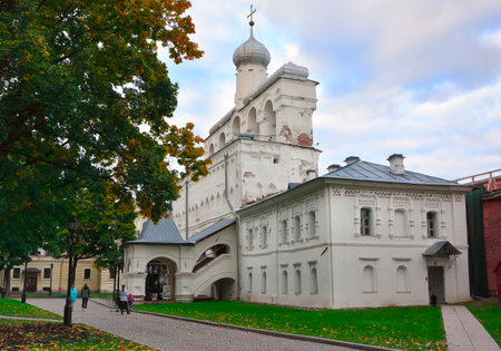 Veliky Novgorod, Russia, 01/10/2022. The belfry outside the Kremlin walls. The bell tower of St. Sophia Cathedral of the XV century, a UNESCO monumentのeditorial素材