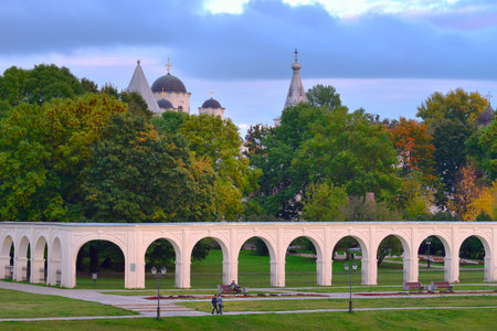 Veliky Novgorod, Russia, 01/10/2022. Monuments of the old city. Arcade of the shopping side in the city centerのeditorial素材