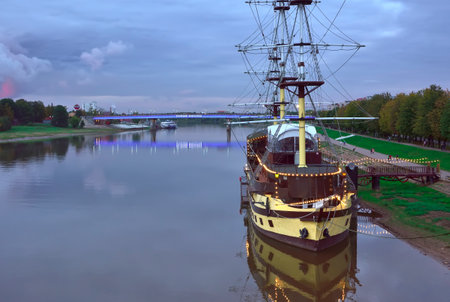 Veliky Novgorod, Russia, 01/10/2022. The center of the old town. Sailing frigate cafe on the...