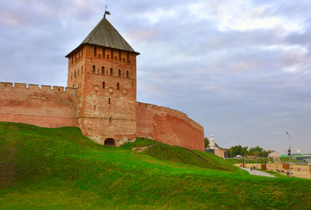 Veliky Novgorod, Russia, 01/10/2022. The old Novgorod Kremlin. XV century Palace Tower on the river bank, UNESCO sitesのeditorial素材