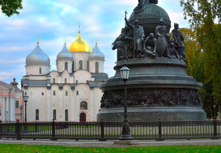 Veliky Novgorod, Russia, 01/10/2022. Monument to the 1000th anniversary of Russia. Kremlin courtyard, Hagia Sophia, sculptures of outstanding historical figures of the Russian state, author M. Mikeshin, 1862のeditorial素材