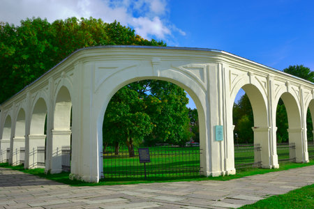 Veliky Novgorod, Russia, 09.26.2022. Monuments of the old city. "Arcade of the Living Room Courtyard", an architectural monument of the 18th centuryのeditorial素材