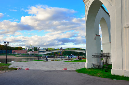 Veliky Novgorod, Russia, 09.26.2022. Monuments of the old city. The embankment of the Volkhov River at the walls of the Novgorod Kremlinのeditorial素材