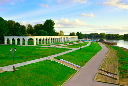 Veliky Novgorod, Russia, 09.26.2022. Monuments of the old city. The embankment of the Volkhov River at the Arcade of Gostiny Dvorのeditorial素材