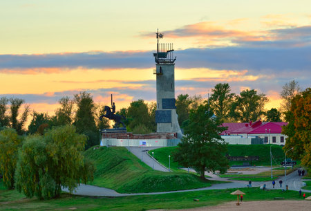 Veliky Novgorod, Russia, 09.26.2022. Monuments of the old city. Monument to Russian soldiers on the bank of the Volkhov River at sunsetのeditorial素材