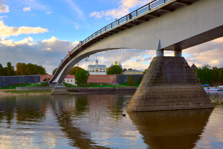 Veliky Novgorod, Russia, 09.26.2022. Monuments of the old city. Bridge over the Volkhov River at the Novgorod Kremlinのeditorial素材