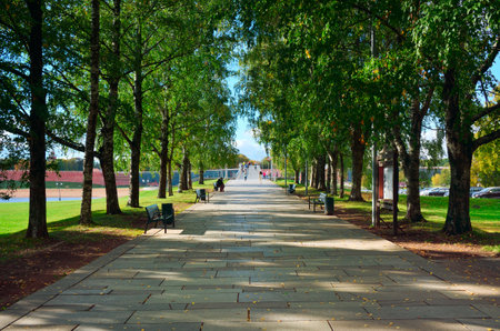 Veliky Novgorod, Russia, 09.26.2022. Monuments of the old city. A path in the park leading to the bridge over the Volkhv Riverのeditorial素材