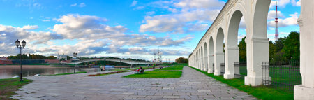 Veliky Novgorod, Russia, 09.26.2022. Monuments of the old city. The embankment of the Volkhov River at the arcade of the Guest Yardのeditorial素材