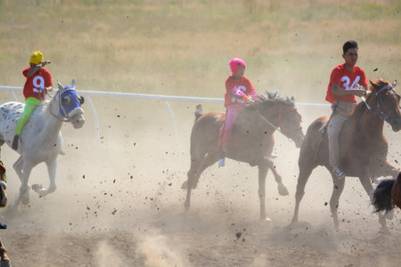 National sport of nomads, tyutrks and steppeks. Children participate in the hippodrome. Baige is a cross-country race for a long distance of 5 and 15 km.のeditorial素材
