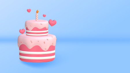 Cake with pink cream and hearts. Vector illustration on blue background.