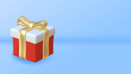 Gift box with gold ribbon on blue background. 3D renderingの写真素材