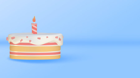Birthday cake with burning candle on blue background. Vector illustration.の写真素材