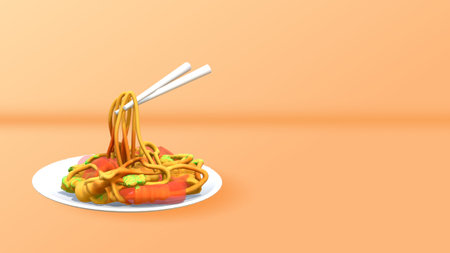 Chinese noodles with sausage and chopsticks on a plate. 3d renderingの写真素材