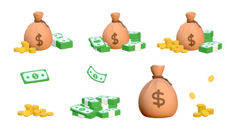 3d money bag icon set isolated on white backgroundの写真素材