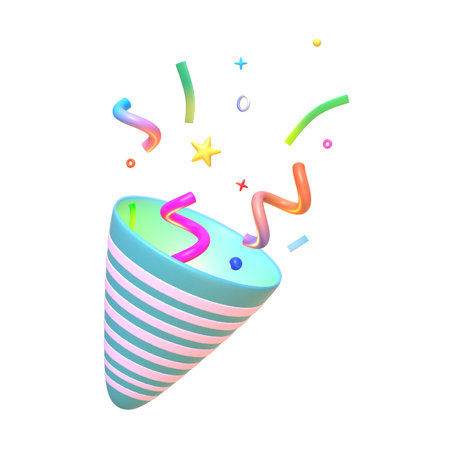 3d blue party confetti popper, 3D isolated element collectionの写真素材
