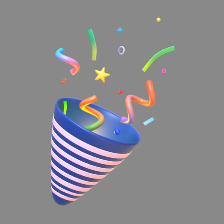 3d blue party confetti popper, 3D isolated element collectionの写真素材