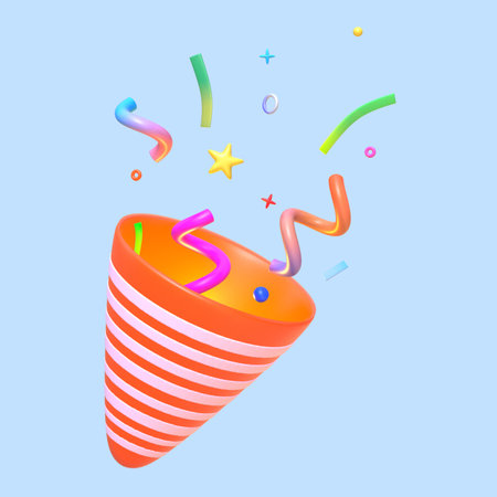 3d orange party confetti popper, 3D isolated element collectionの写真素材