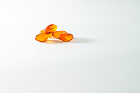 Soft gel, Close up of oil filled capsules, suitable for presenting food supplements : fish oil, omega 3, omega 6, omega 9, vitamin A, vitamin D, vitamin D3, vitamin E, evening primrose oil,の写真素材
