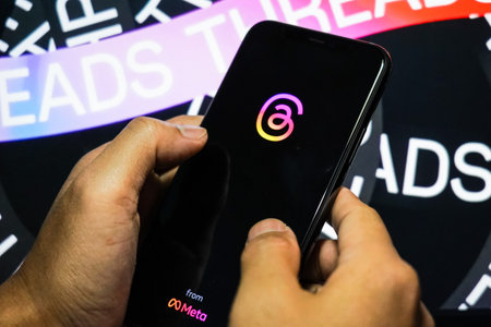 Jakarta, Indonesia, July 12, 2023: threads app logo is visible on the screen. The new application from Meta Platforms is a competitor to Twitter.のeditorial素材