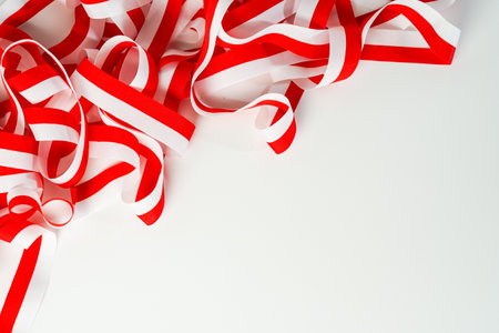 ribbon, red and white flag of Indonesia independence day August 17th, i love indonesia, isolated on white backgroundの写真素材