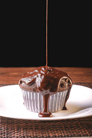 delicious chocolate flavor cupcake with homemade chocolate chips with extra liquid chocolate placed on a white plate excellent to be a dessertの写真素材