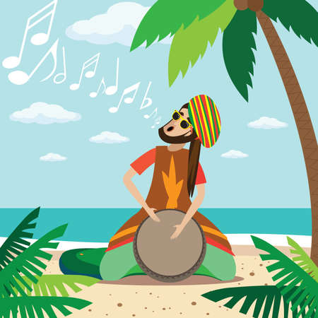 Vector illustration on color background featuring rasta man sitting on the beach, plays on the drum and singsのイラスト素材